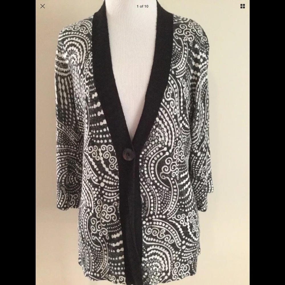 Chicos one button cardigan gray white linen blend